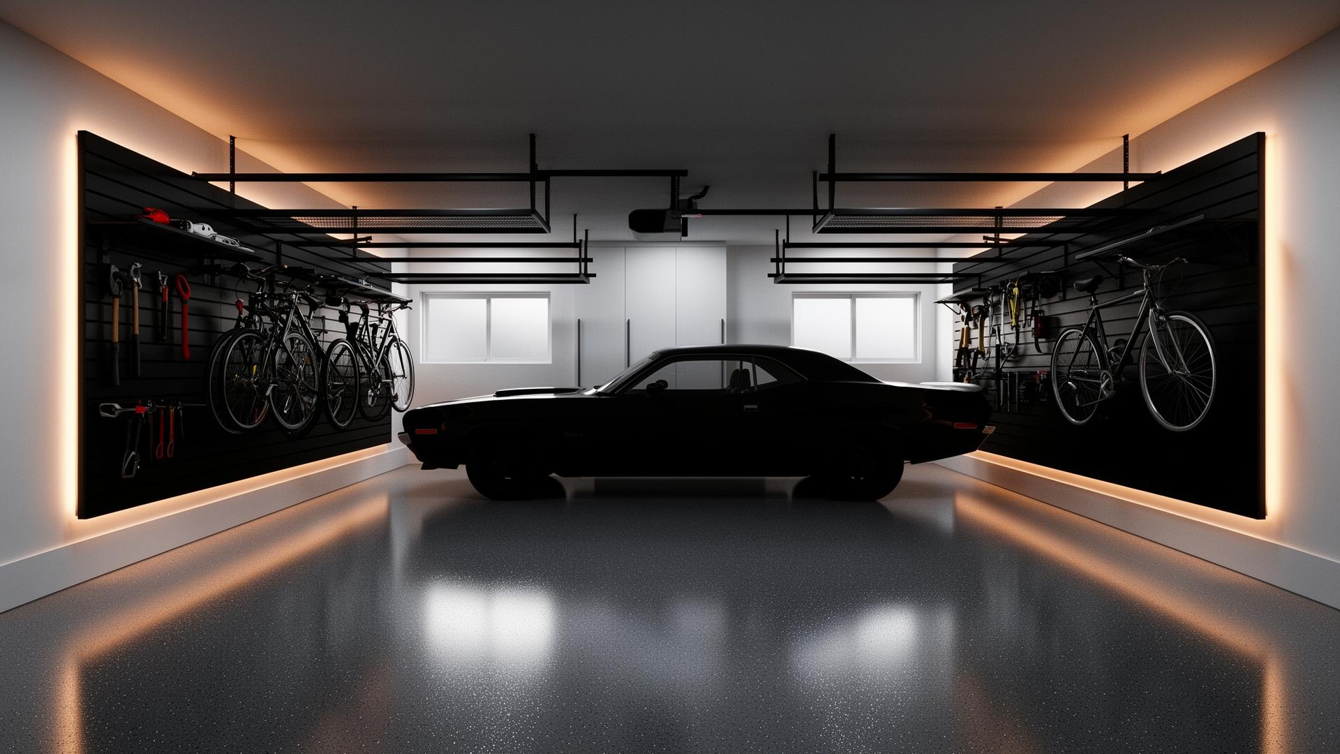 Premium finished Kingston garage with epoxy floor coating, custom storage, and drywall
